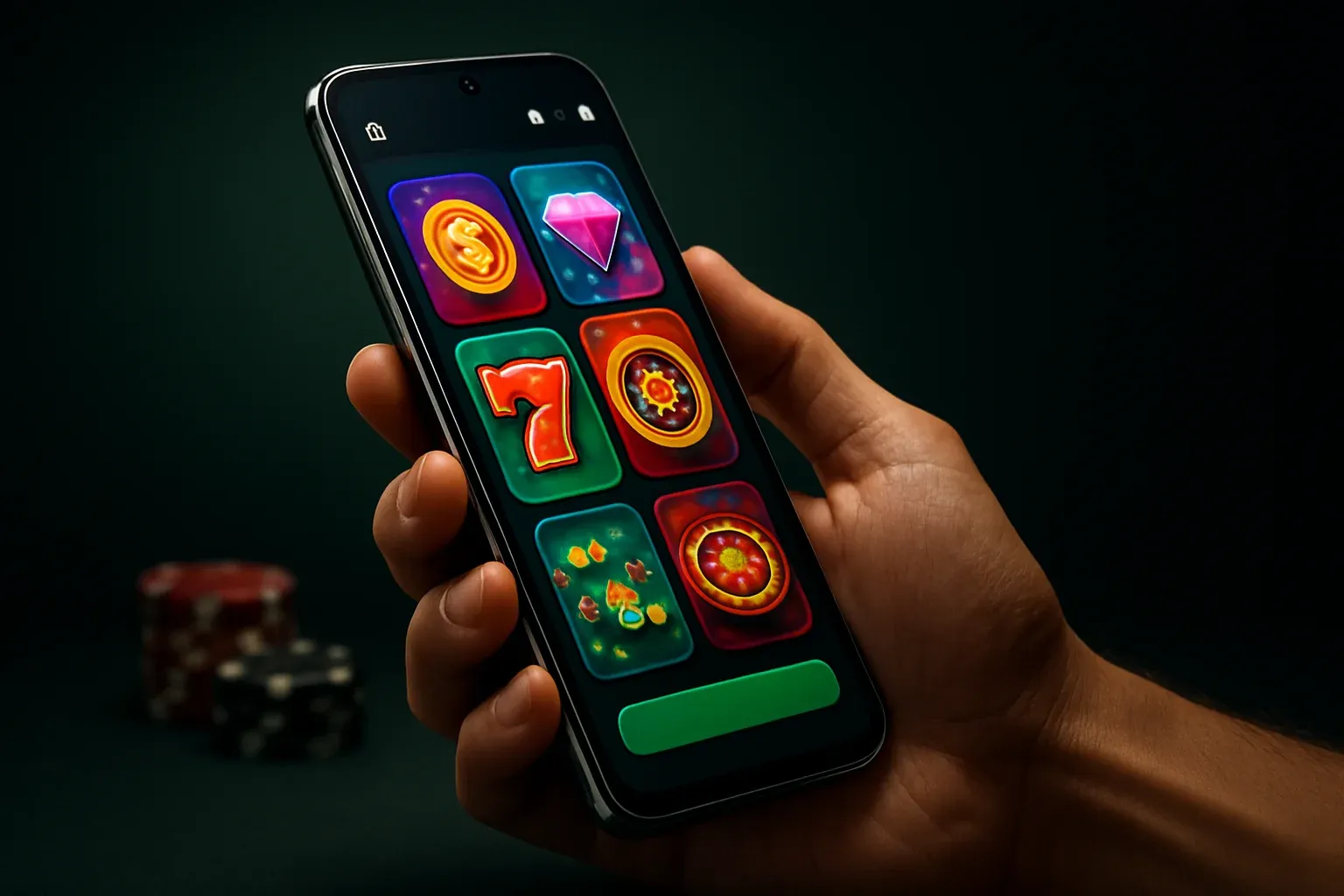 Flagship Android smartphone showing vivid casino app interface in dramatic lighting