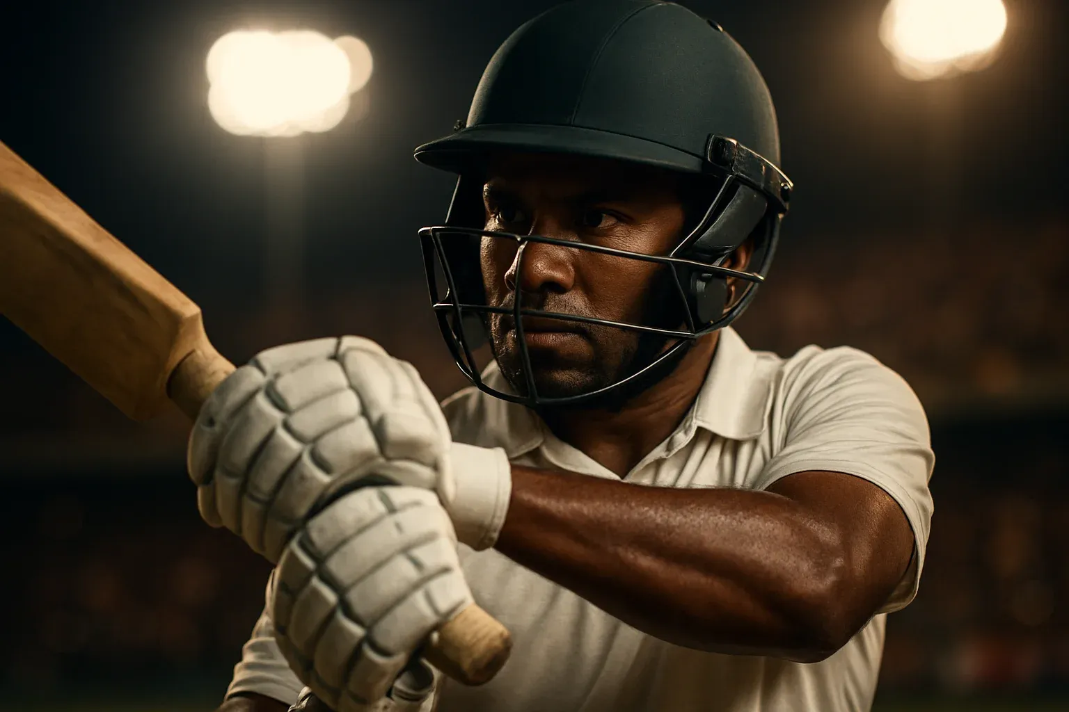 Bangladeshi cricket batsman in white kit mid-swing under stadium floodlights