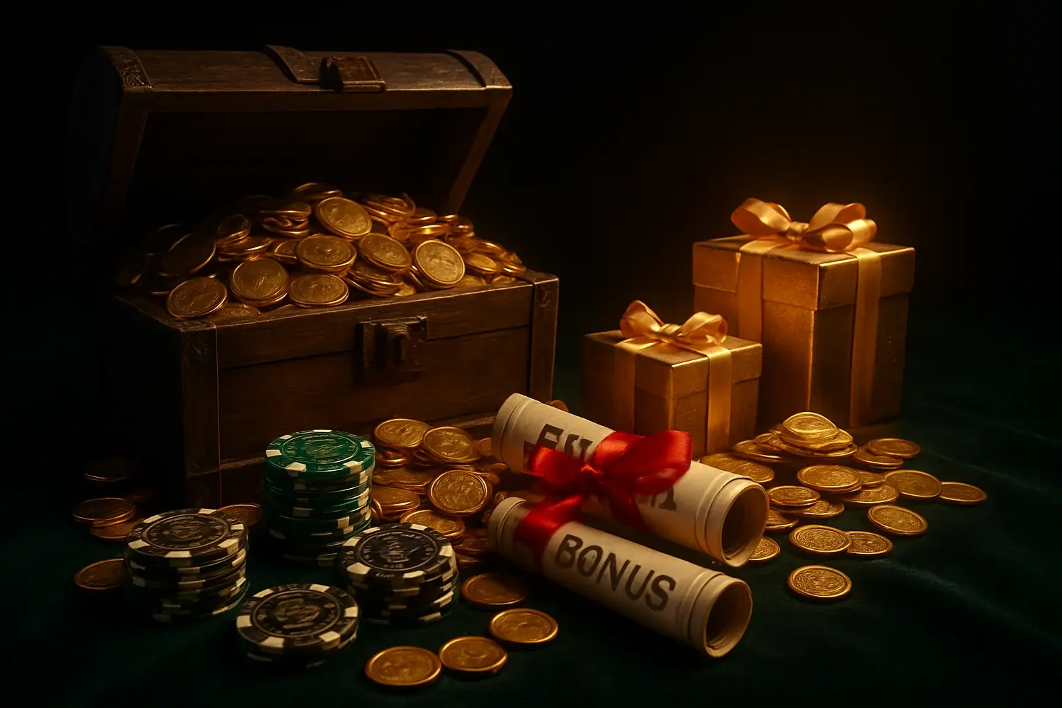 Overflowing treasure chest with gold coins, casino chips, vouchers, and gift boxes