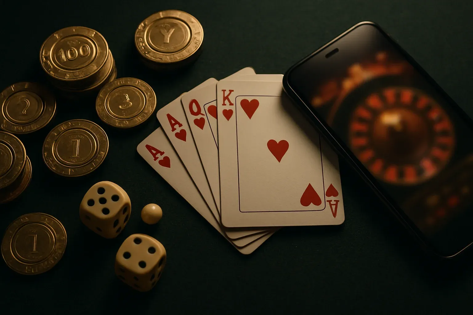 Top-down casino table with gold chips, cards, dice, roulette ball, smartphone