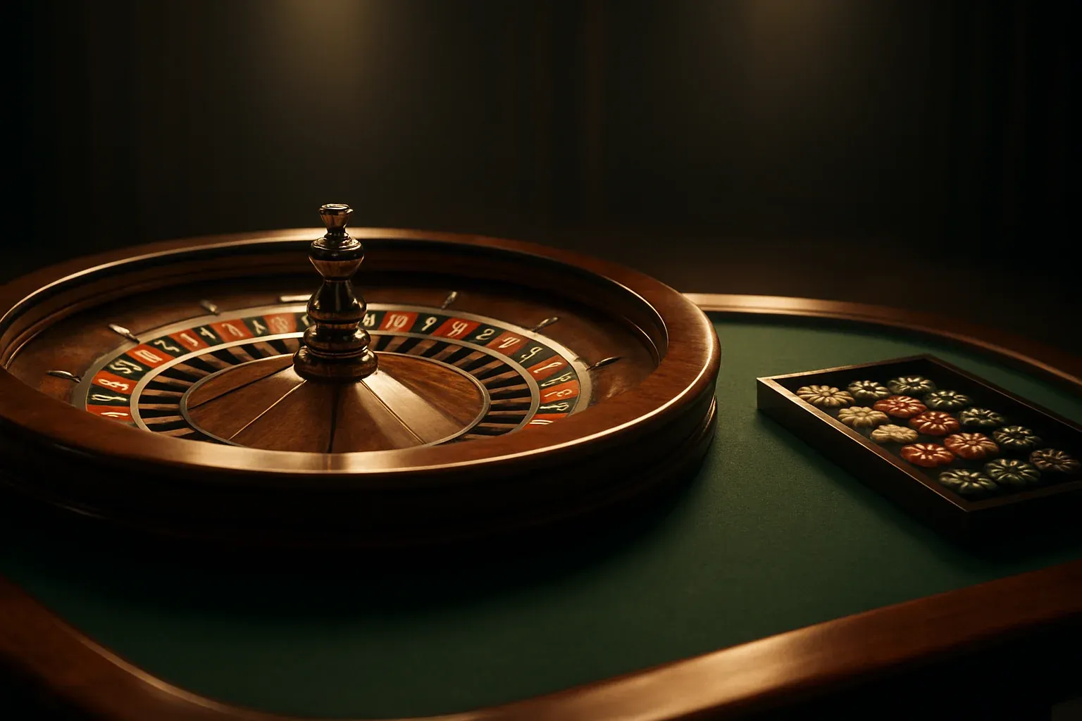 Hyperrealistic live casino studio with empty roulette table and dramatic lighting