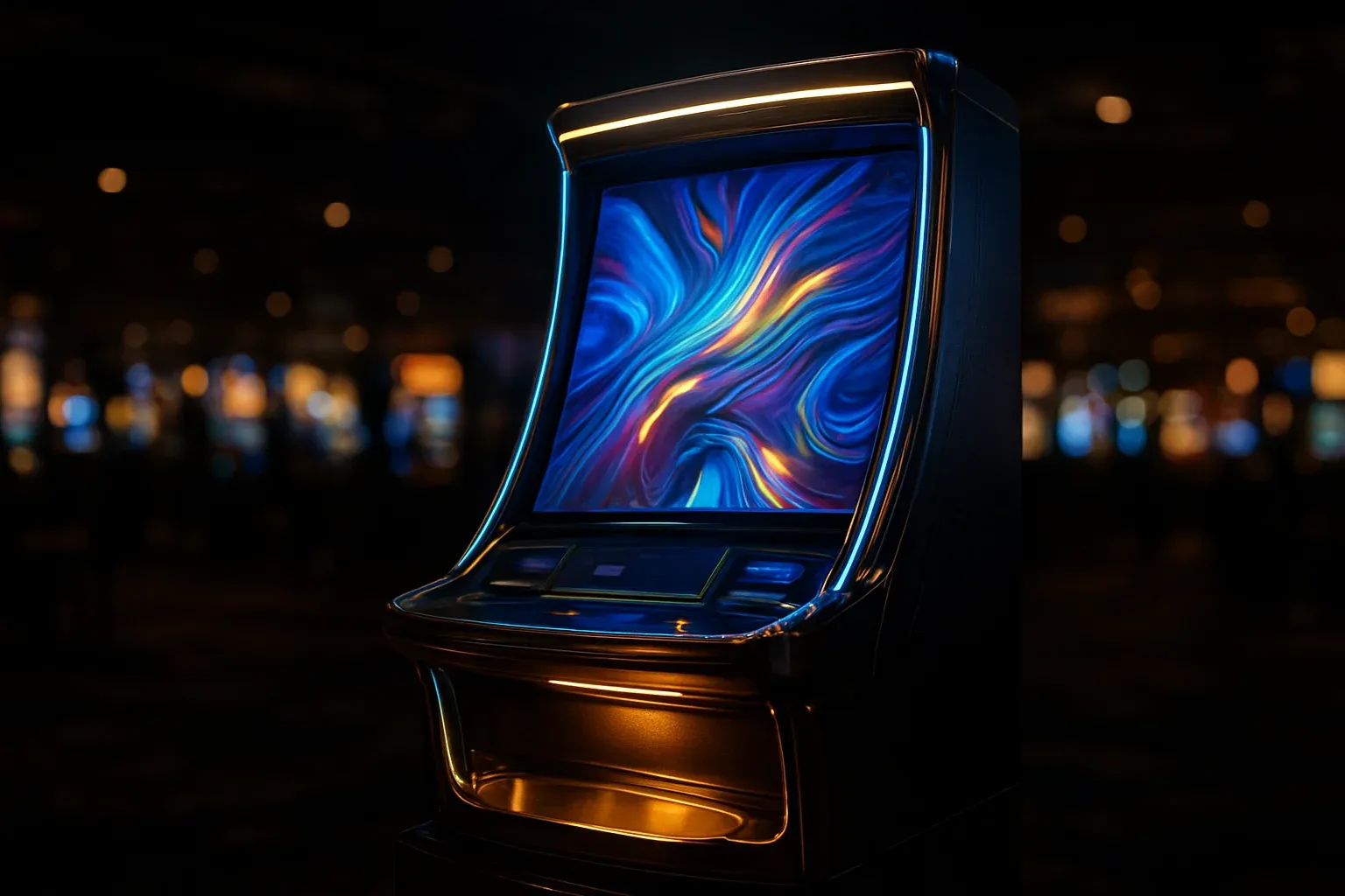 Premium slot machine glowing in dark luxury casino with neon lighting
